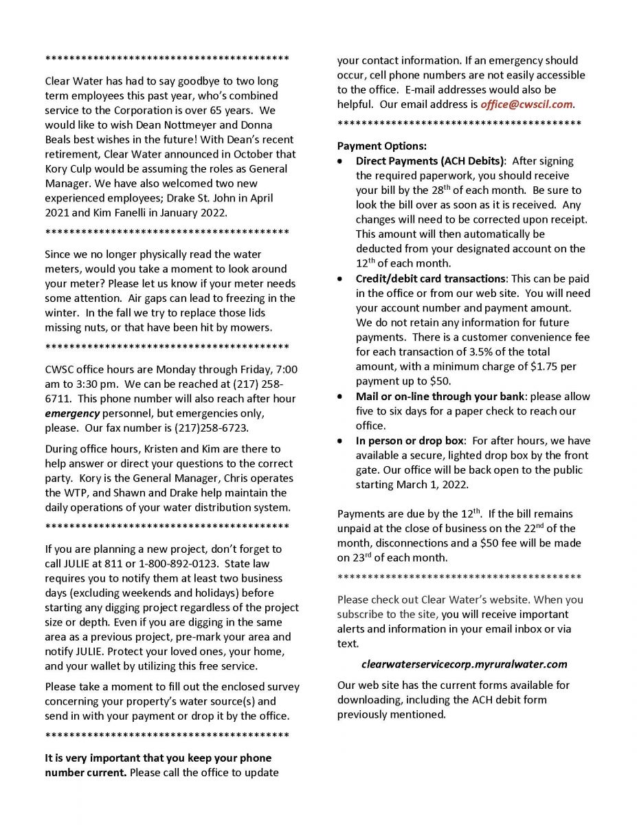 Recent News | Clear Water Service Corporation: MATTOON, ILLINOIS